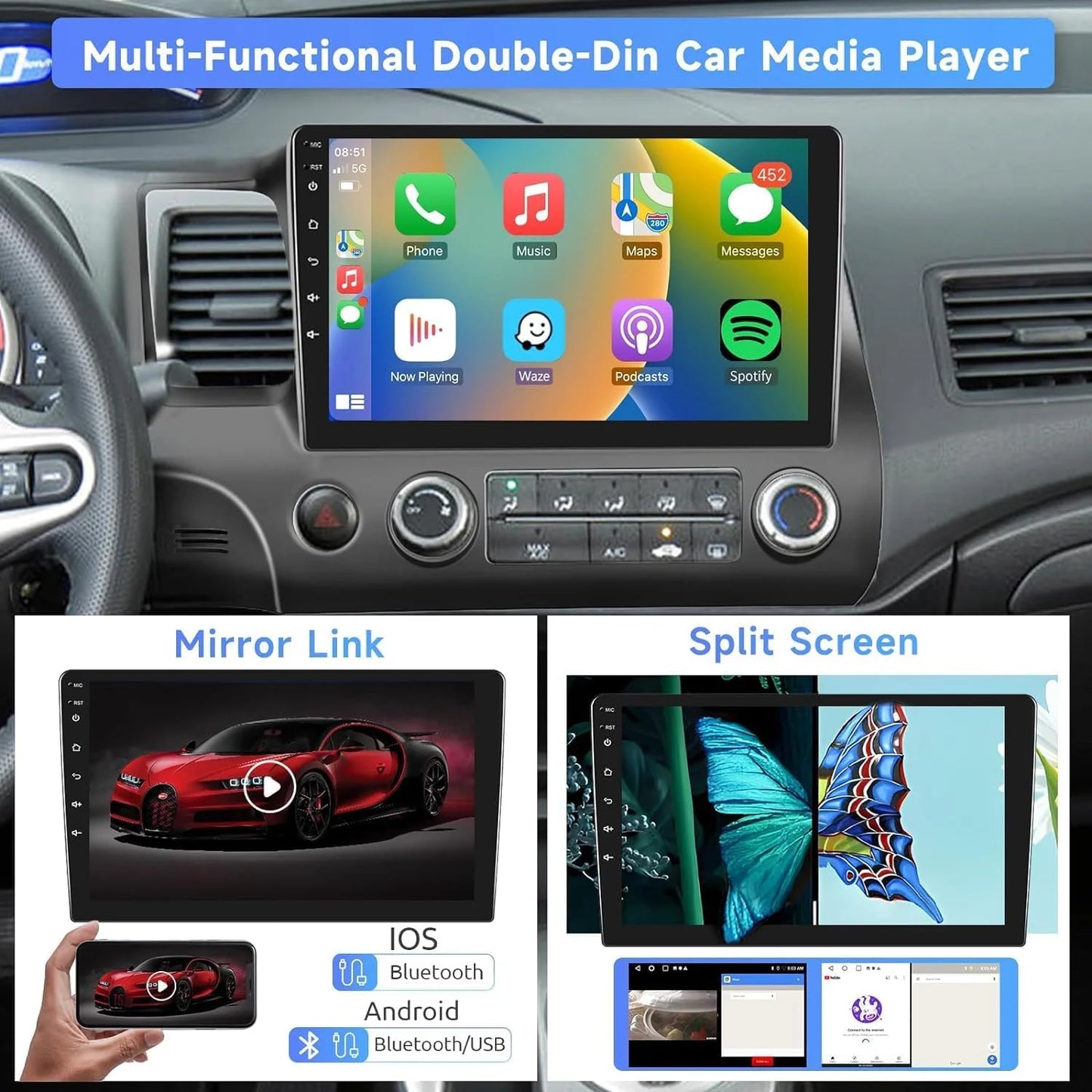 THONZER 9 inch Car Sizetereo Radio w/Carplay Android Auto for Mazda RX-8 2003-2008 Double Din Android 13.0 Touch Sizecreen Car Audio Receiver w/WiFi GPSize Navigation Bluetooth AHD Backup Camera Mic - 2+32G