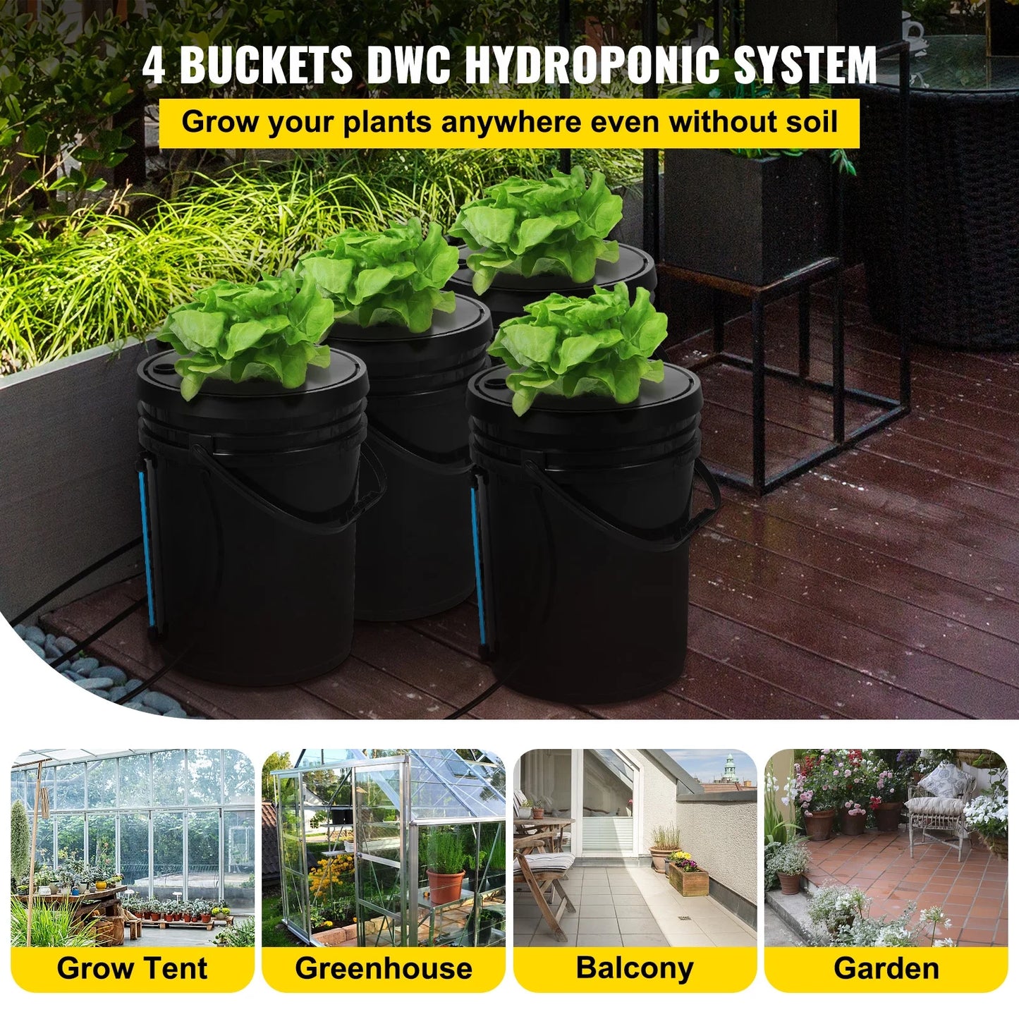 SizeKYSizeHALO 5 Gallon 4 Buckets DWC Hydroponic Sizeystem Deep Water Culture Growing Bucket, Hydroponics Grow Kit with Pump