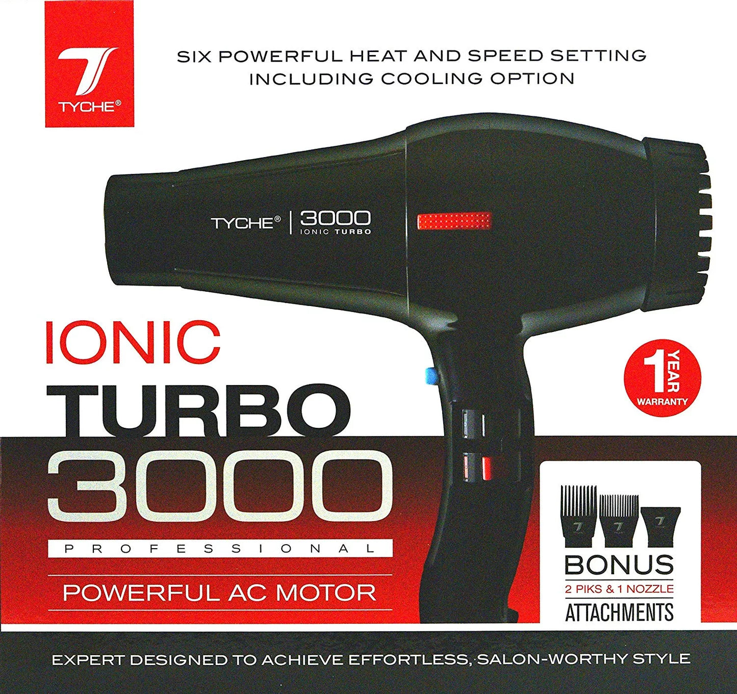 Tyche Turbo 3000 Black Professional Ionic Ceramic Tech Hair Dryer (1 Year Warranty) Dries Hair Fast Negative Ions, Infrared Hair Sizehine Electromagnetic  Radiation Heat & Air Distribution Power