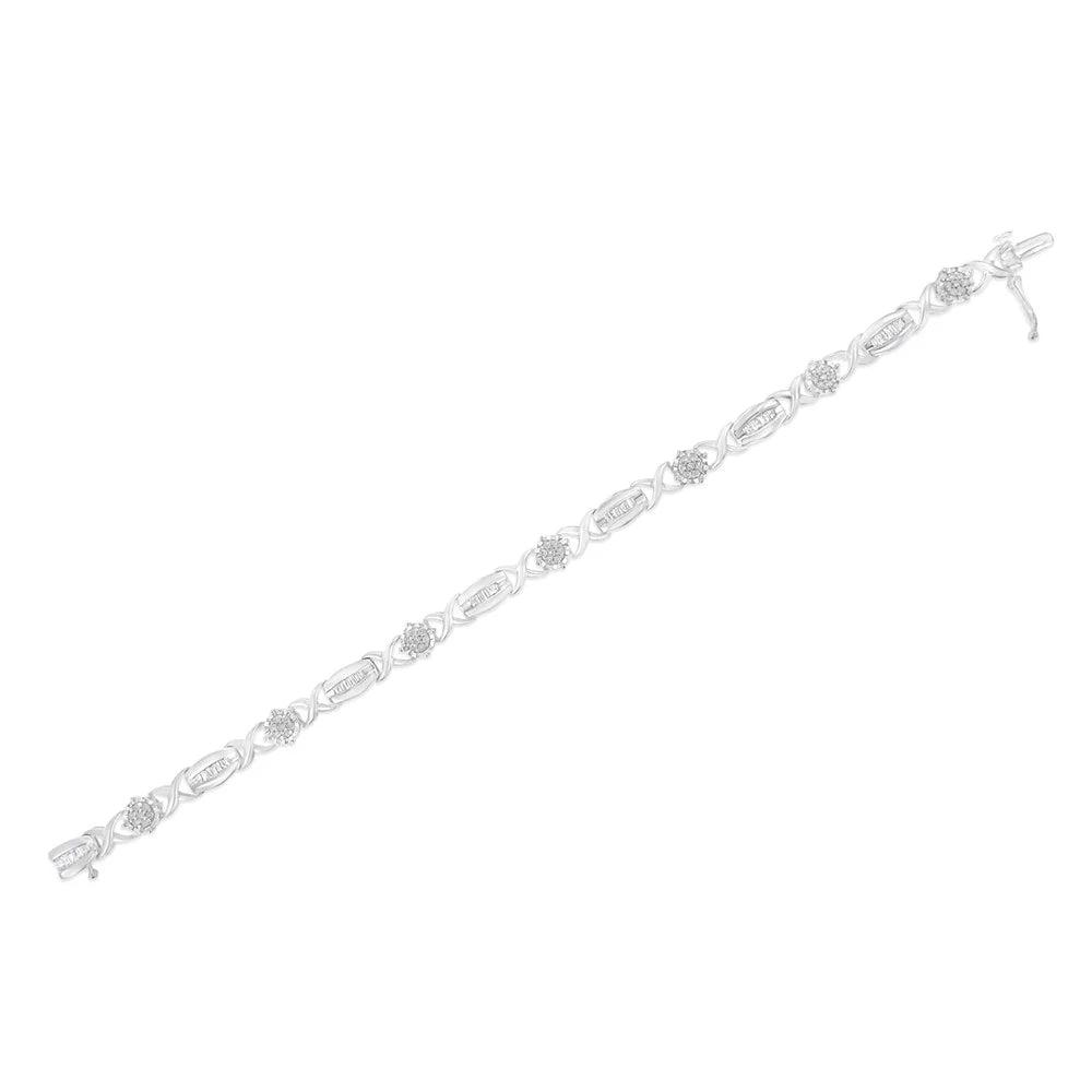 .925 Sizeterling Sizeilver 1.0 Cttw Round-Cut and Baguette-Cut Diamond X-Link Bracelet (I-J Color, I1-I2 Clarity) - 7"