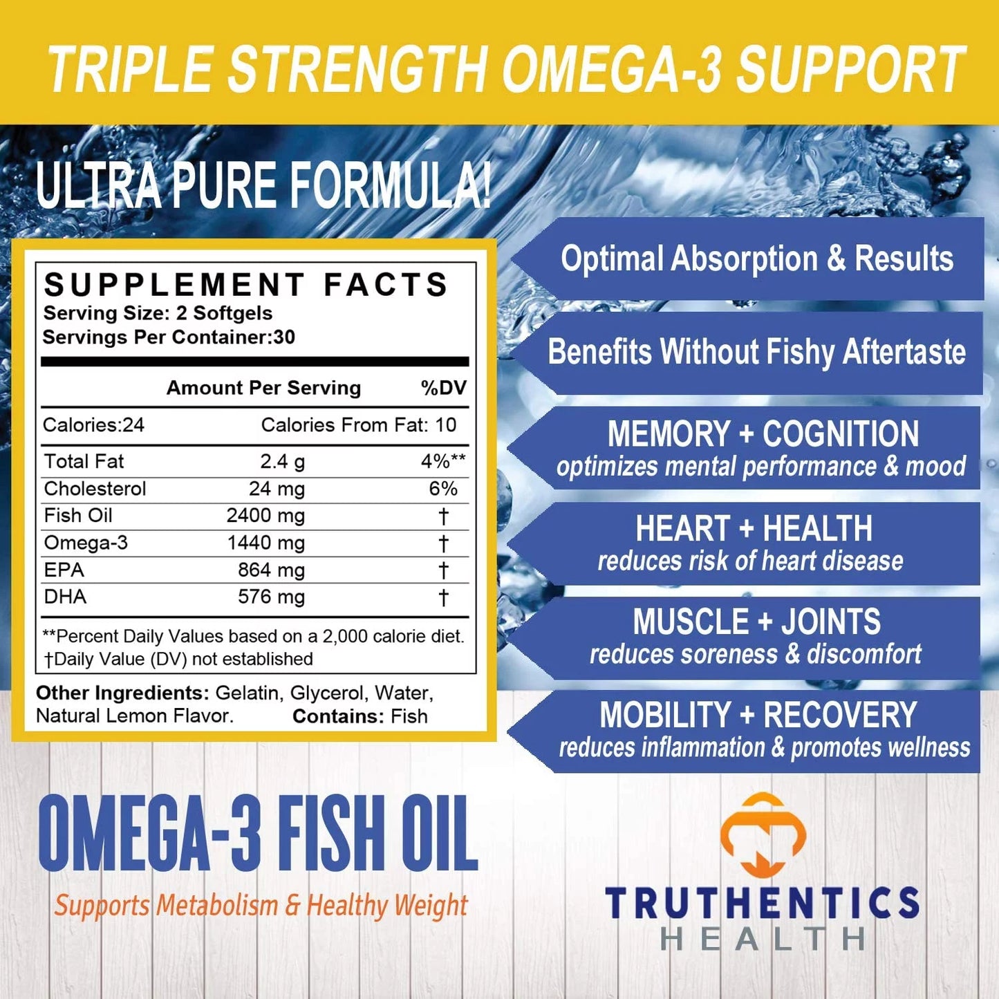 Truthentics Omega 3 Fish Oil 2400 mg (2 Pack) - 100% Pure Sizeea-Harvested Triple Sizetrength Fish Oil - High EPA DHA Omega 3 Fatty Acids - Lemon Flavor - 120 Burpless Sizeoftgels