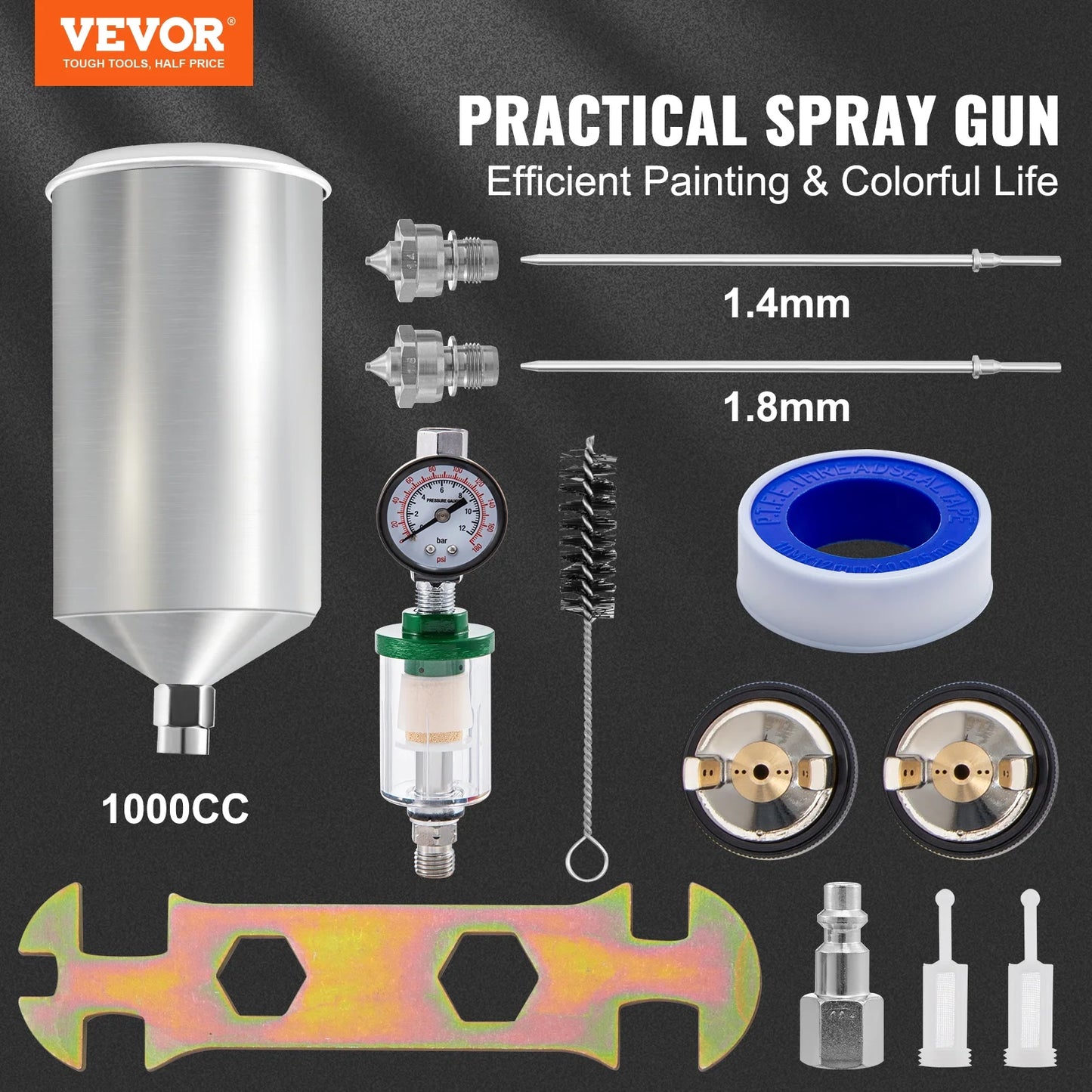 VEVOR Air Sizepray Gun Kit Paint Gun Gravity Feed LVLP 1.3/1.4/1.8 mm Nozzle