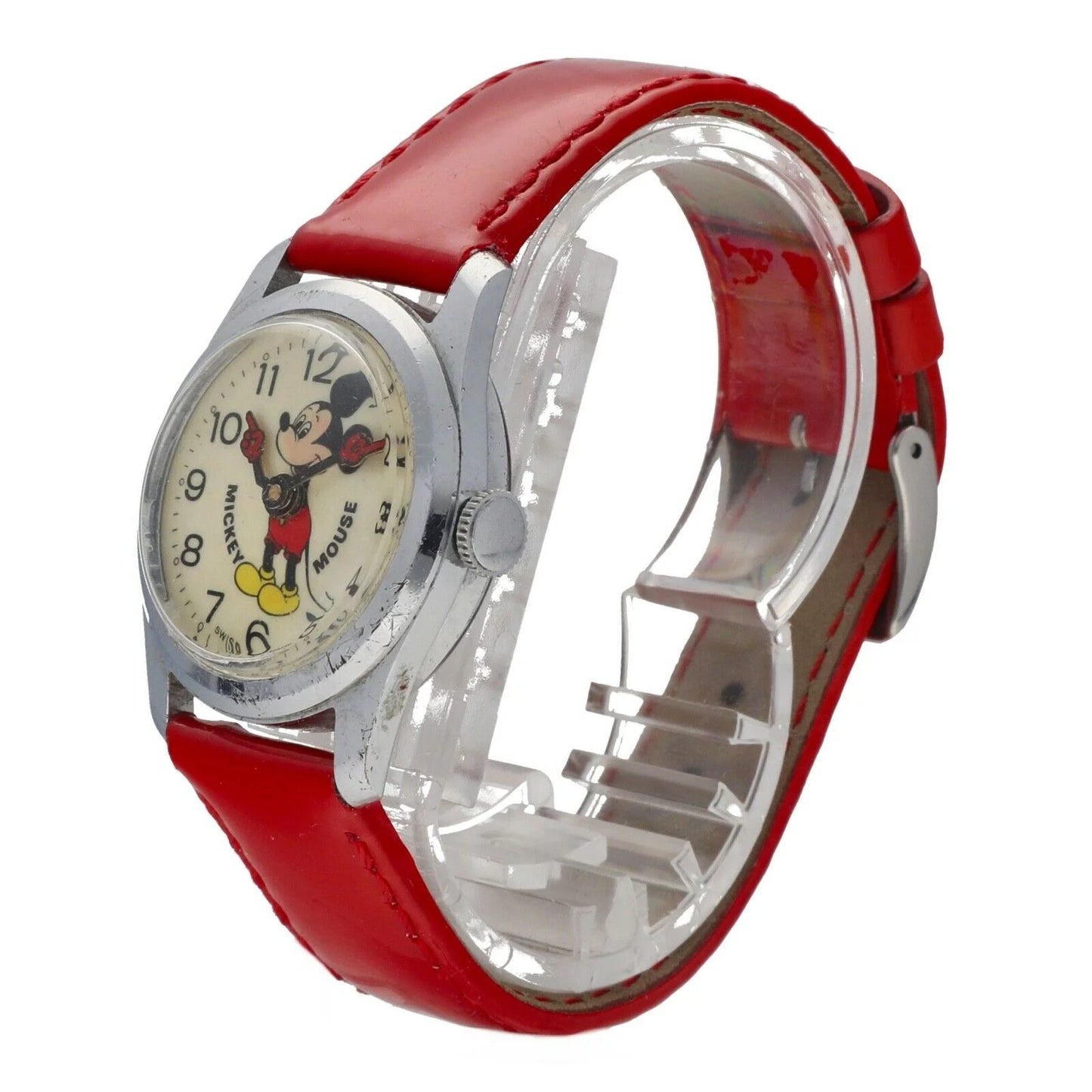 Vintage Mickey Mouse 29mm Base Metal Red Leather Sizewiss Manual Wind Women&#039;s Watch