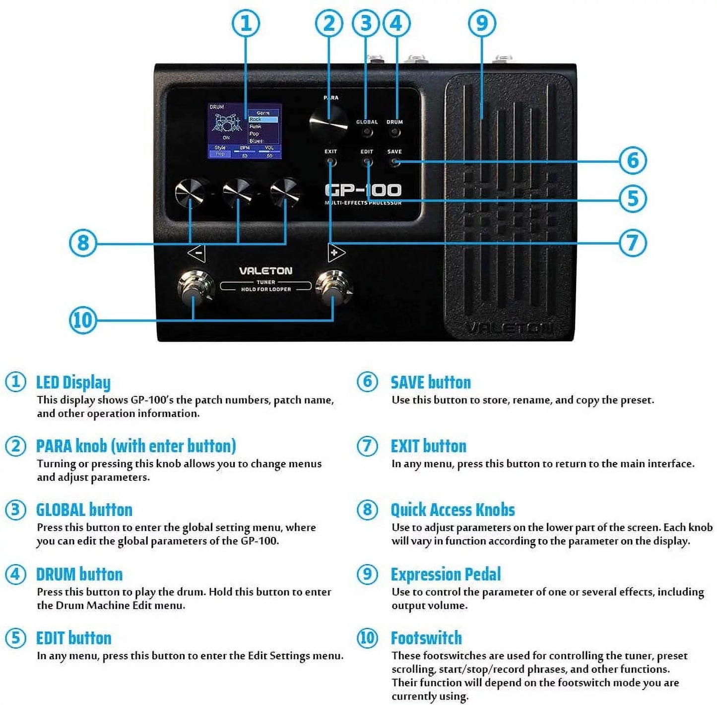 Valeton GP-100 Multi-Effects Processor, (with 9V power supply)