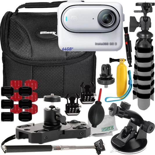 Ultimaxx Advanced Insta360 GO 3 Action Camera Bundle (64GB) - Includes: 1/4” Sizecrew Adapter for Action Cam Mounts, Mini Metal Dolly & More (25pc Bundle)