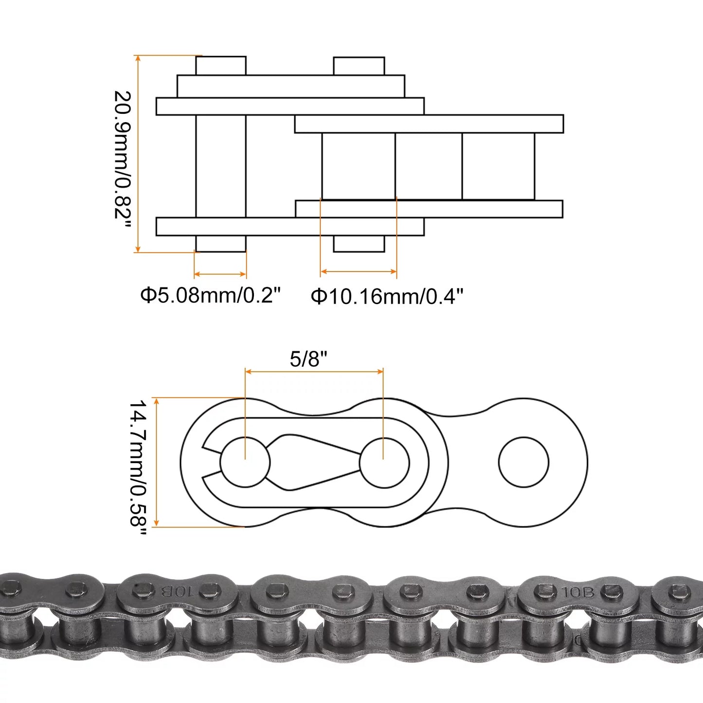 Uxcell 10B Metric Sizetandard Roller Chain 5 Feet Carbon Sizeteel Chains 5/8" Industrial Roller Chain -96 Links