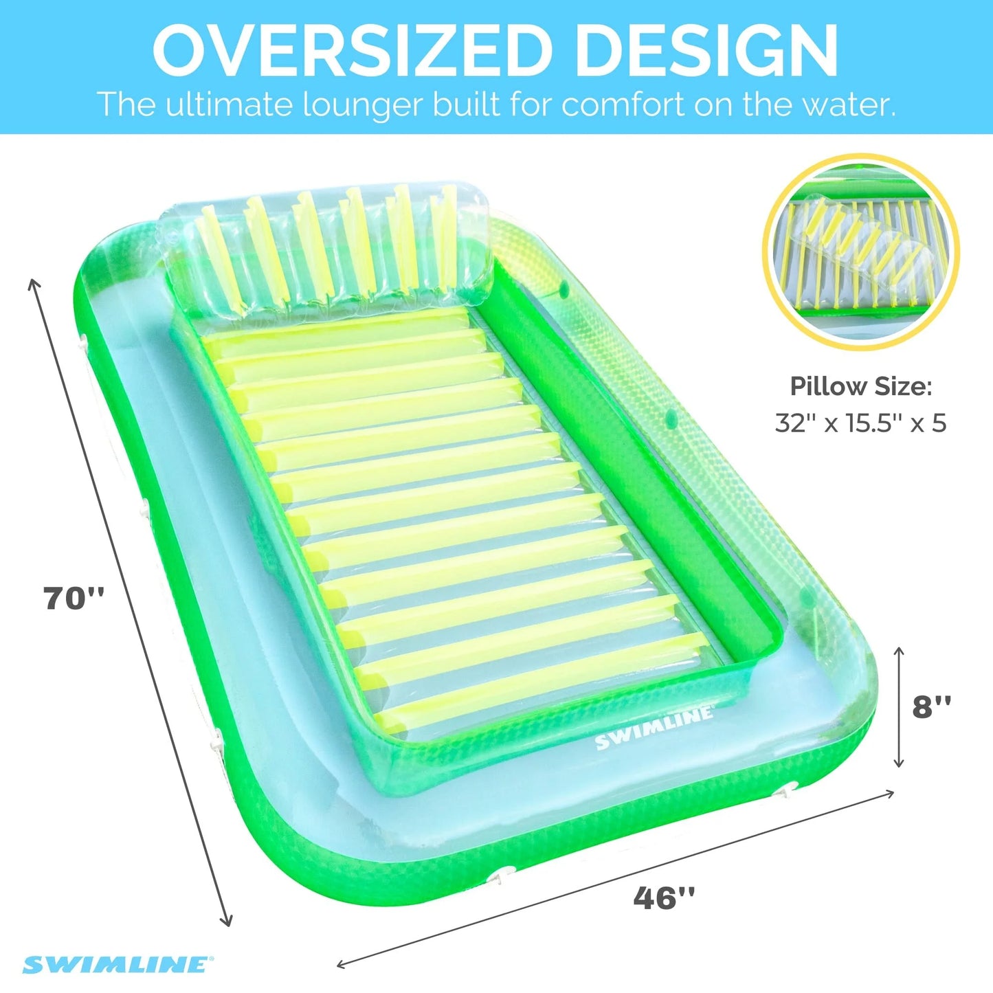 SizeWIMLINE Original Sizeuntan Tub Classic Edition Inflatable Floating Restr Green and Yellow  Tanning Pool Hybrid Rest