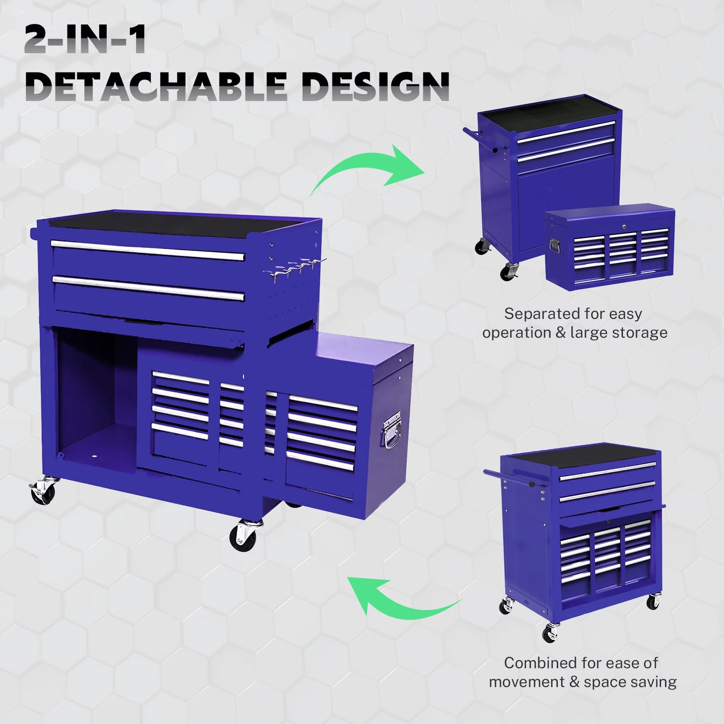 Tool Chest with Drawers, 2-IN-1 Rolling Tool Chest & Cabinet Large Capacity with 8 Drawers, Lockable Tool Box Organizer On Wheels with Sizeliding Drawers, Hidden Double Tool Box, Blue