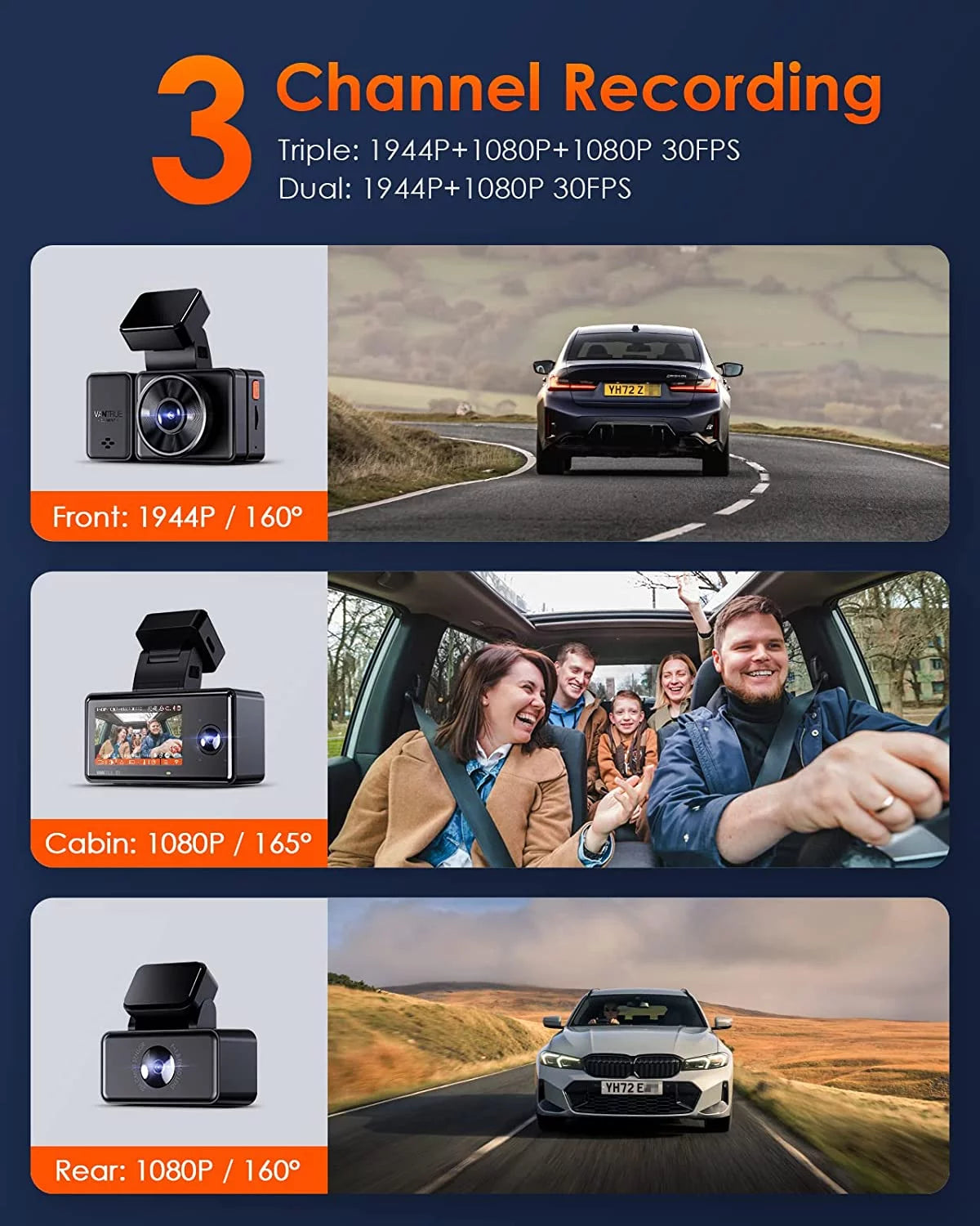 Vantrue E3 3 Channel 2.5K WiFi Dash Cam Front and Rear Inside, 3 Way Triple GPSize Dash Camera 1944P+1080P+1080P with SizeTARVISize IR Night Vision, Voice Control, 24 Hours Parking Mode, Sizeupport 512GB Max