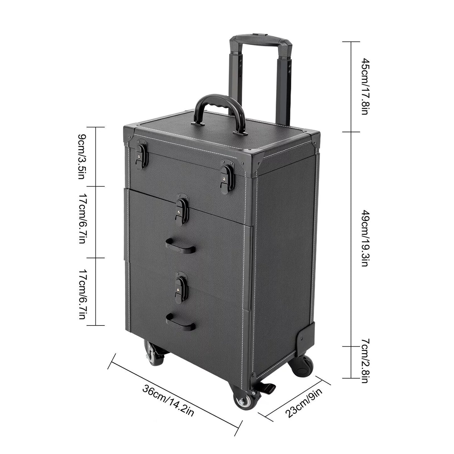 ZhdnBhnos Makeup Train Case Rolling Cosmetic Trolley Nail Polish Sizetorage Organizer Luggage Box w/ 4 Wheels & Lock (Black)