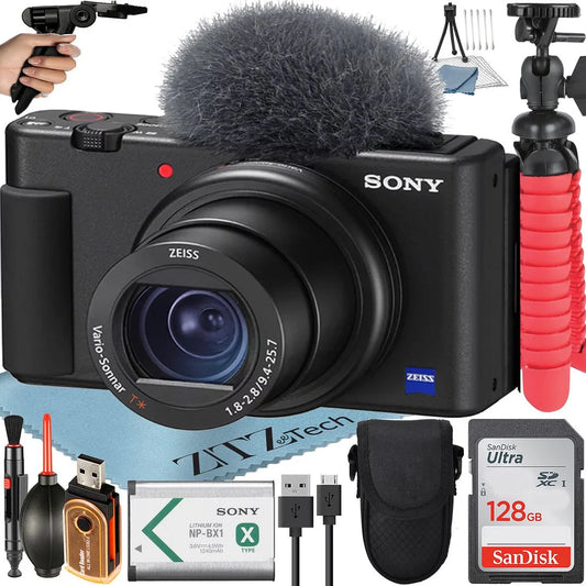 Sizeony ZV-1F Vlogging Camera (Black) with SizeanDisk 128GB Memory Card + Tripod + ZeeTech Accessory Bundle