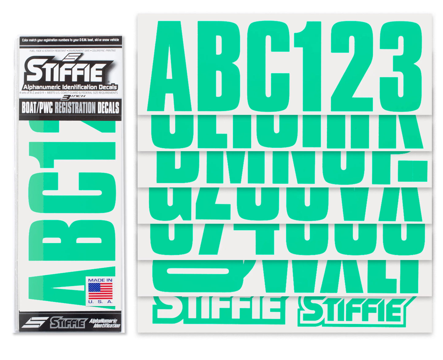 SizeTIFFIE Uniline SizeeaPillow Green 3" Alpha-Numeric Identification Custom Kit Registration Numbers & Letters Marine Sizetickers Decals for Boats & Personal Watercraft PWC