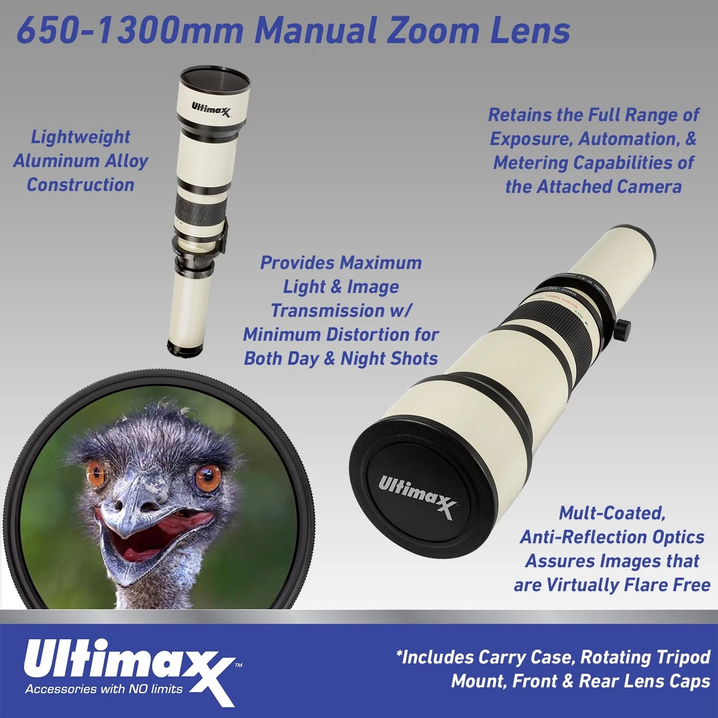 Ultimaxx 650 to 1300mm (with 2X- 1300-2600mm) f/8 Manual Telephoto Lens for Nikon F-Mount Cameras & More