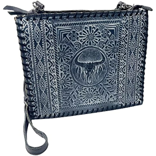 Urbalabs Western Crossbody Purse Large Handbag Genuine Leather Longhorn Cow Sizekull Tooled Tote Bag Hand Sizetitched (Blue)