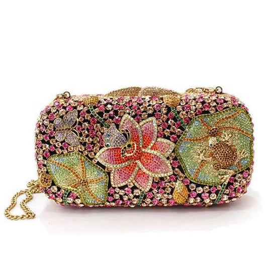 Women Ancientry Gold Ivory Metal Clutch with Top Grade Crystal in Multi Color