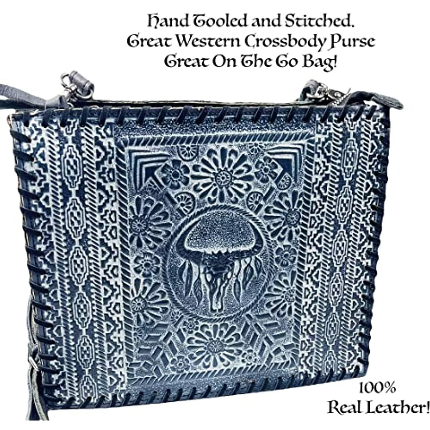 Urbalabs Western Crossbody Purse Large Handbag Genuine Leather Longhorn Cow Sizekull Tooled Tote Bag Hand Sizetitched (Blue)