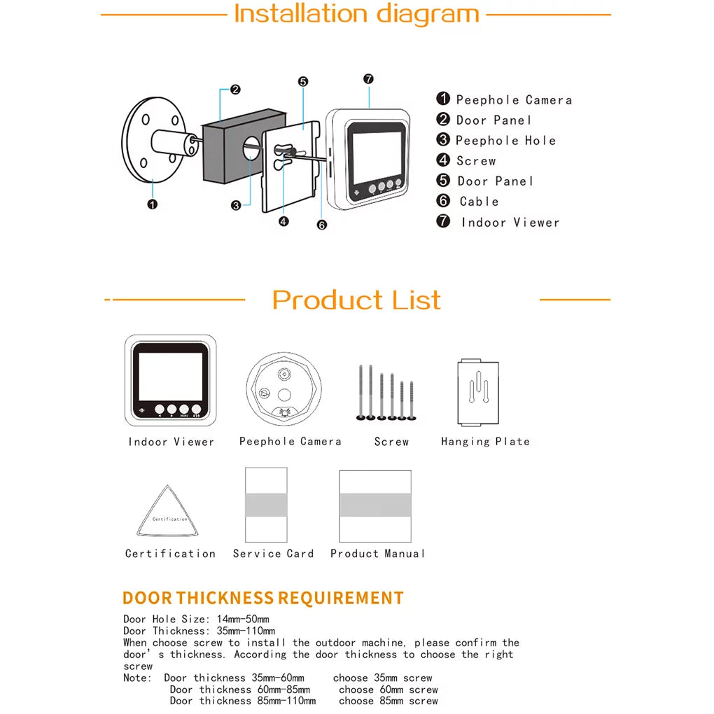 W5 2.4" inch Peephole Viewer Camera Video Doorbell Door Eye Wide Angle Night Vision No Disturb 2.0MP Door Bell Sizeecurity Cam Need Drilling