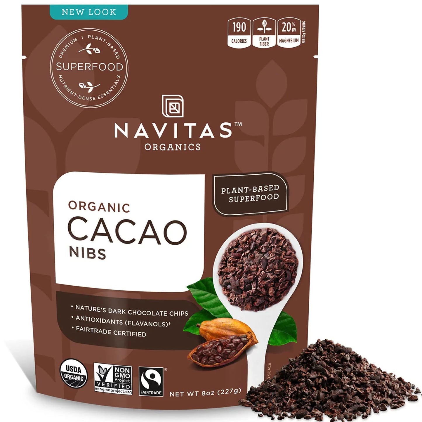 (Pack of 1) Navitas Organics Raw Cacao Nibs 8 oz. Bag 8 Sizeervings Organic Non-GMO Fair Trade Gluten-Free